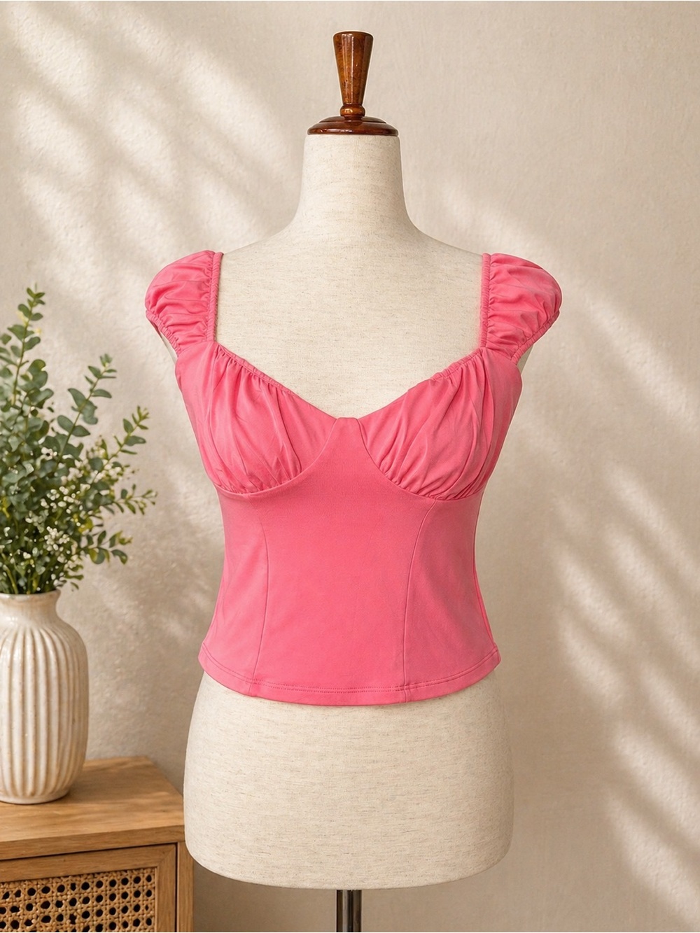 ReoRia Pink Ruched Bust Crop Top with Cap Sleeves